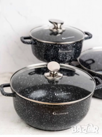 Комплект тенджери Goldmann, 20/24/28см.-2.3л./4.5л./6.5л. , Лят алуминий, Мраморно покритие, Индукци