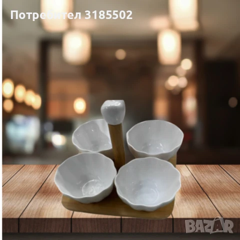 Елегантен комплект от 4 керамични купички с дървена стойка, снимка 3 - Прибори за хранене, готвене и сервиране - 51421846