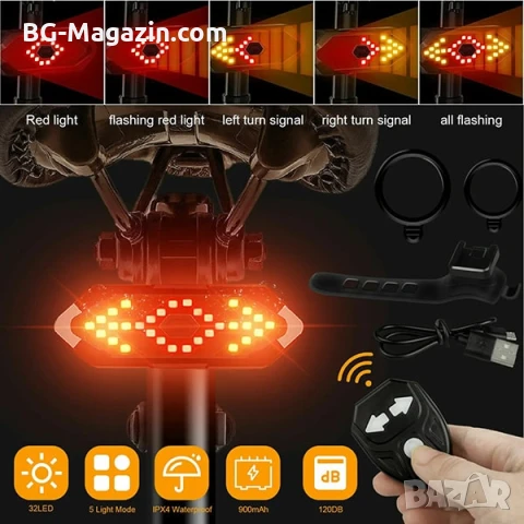 Мигачи задни светлини за колело LED стоп водоустойчив ярки за велосипед със звънец аларма USB мощен, снимка 2 - Аксесоари за велосипеди - 50963161