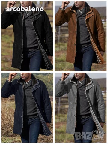 Мъжко кожено палто с вълнена подплата със средна дължина и цип, 4цвята - 023, снимка 1 - Палта - 43331029