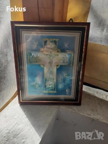 Стара домашна икона хромолитография с рамка кръст религия
