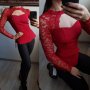 Нова елегантна блуза с дантела в червен цвят на намаление, снимка 1 - Блузи с дълъг ръкав и пуловери - 27331921