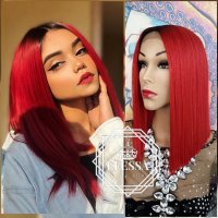 Lace Front LUXURY WIG Омбре Черно и Червено Перука Боб Стил Код 1085, снимка 3 - Аксесоари за коса - 26548202