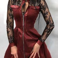 Модна дамска рокля от изкуствена кожа с дълъг ръкав и V-образно деколте, 6модела - 024, снимка 8 - Рокли - 42318593