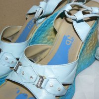 DIAMONDсини сандали, платформа 3см, ток 11см, светло синя еко кожа/жълто, каишки около глезена – 39 , снимка 10 - Дамски ежедневни обувки - 28762361