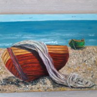 Картина с маслени бои Лодки, море, плаж, снимка 3 - Картини - 26880243