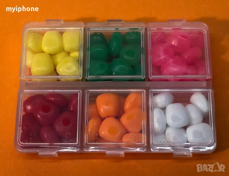 60 бр. Изкуствена Царевица 6 цвята  за риболов на шаран, разнообразна в 1 кутия, 6 цвята,, снимка 1