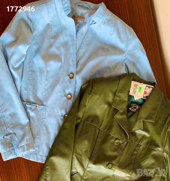 Вталено сако: масленозелено - еко кожа; светлосиньо - велурен плат, снимка 1