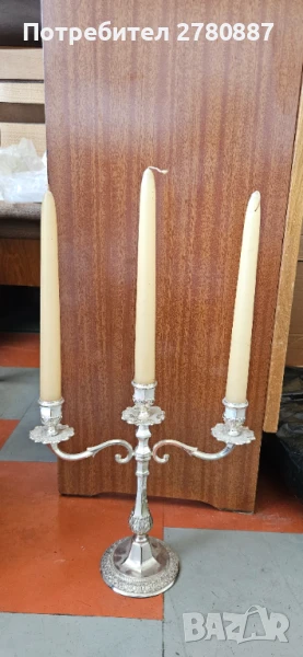 Ретро троен Сребрист метален свещник 27см, снимка 1