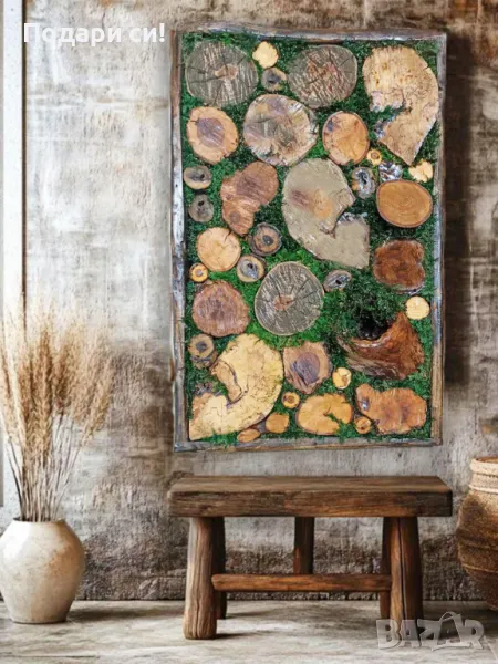 Декоративно пано от дърво и естествен мъх, арт декорация - 61х40 см, снимка 1