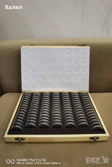 Дървена кутия за 100 и 50 монети + капсули + уплътнители за съхранение на монети, снимка 1