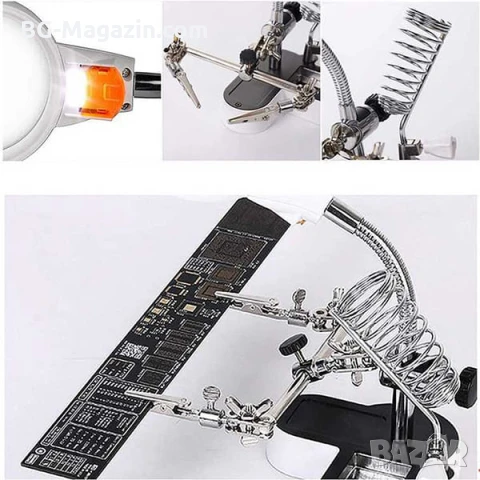 Професионална мощна увеличителна настолна лупа трета помощна ръка с LED осветление за платки щипки, снимка 2 - Други инструменти - 50921110