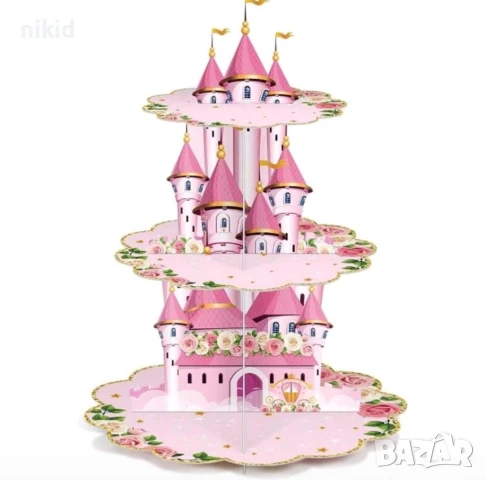 Замък Дворец принцеси 3 етажна Триетажна поставка стойка за мъфини картонена