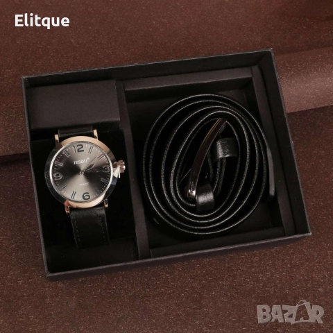 Подаръчен комплект Колан в черен цвят заедно с часовник кафяв/черен, снимка 3 - Мъжки - 52896024