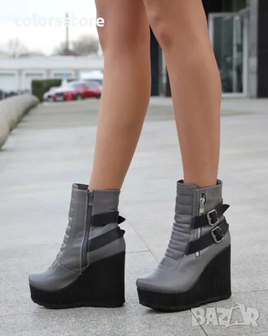 Боти на платформа - сива кожа с черно ходило - B2001