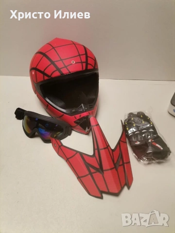 Детска каска с очила за мотокрос тротинетка велосипед колело Мотоциклетна каска Спайдърмен размер S, снимка 4 - Спортна екипировка - 53174148