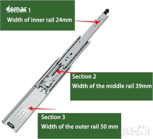 Здрави водачи за чекмеджета с ключалка, товароносимост 68 кг, 3 секции,ширина 51мм x дължина 1000мм, снимка 6 - Други стоки за дома - 51418823