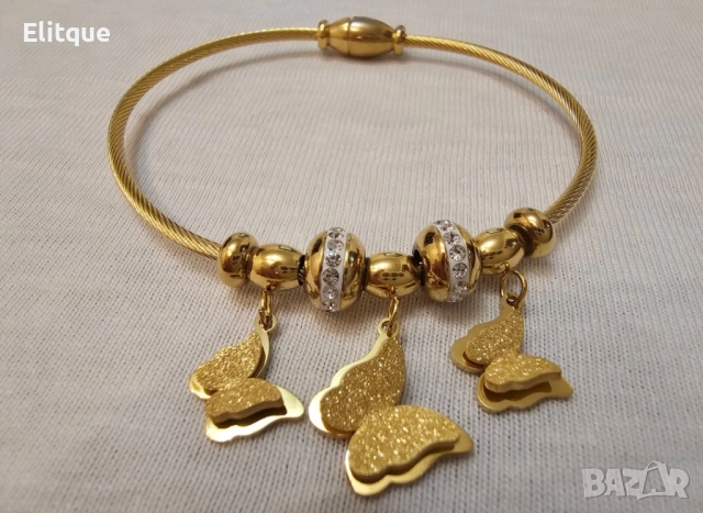 Елегантна дамска твърда гривна от медицинска стомана с бляскави пеперуди и камъни цирконии, снимка 4 - Гривни - 52656969