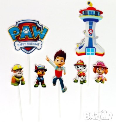 7 бр Paw Pes Patrol Пес Патрул база сет топери клечки декор за торта украса парти Рожден Ден Happy , снимка 2 - Други - 34997000