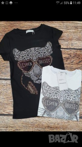 Тениска Party Cat със цветни камъни и надпис Listen Music, снимка 6 - Тениски - 33183296