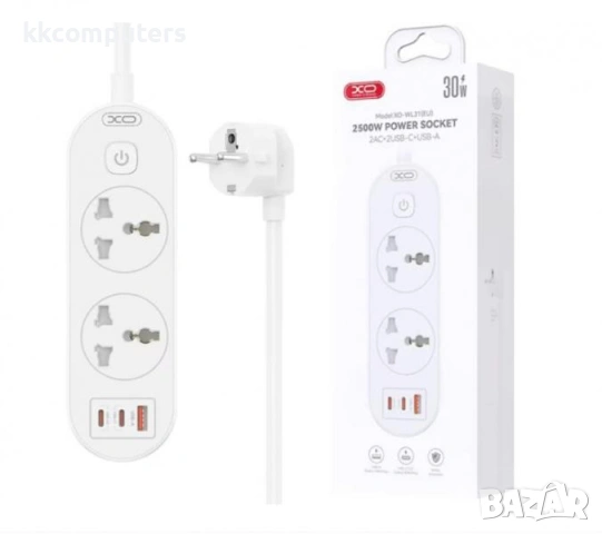 Разклонител 220V - XO-WL31 / 2xPD,1xUSB QC 3.0, 2x220V Universal socket + power buttons / Бял / Барк
