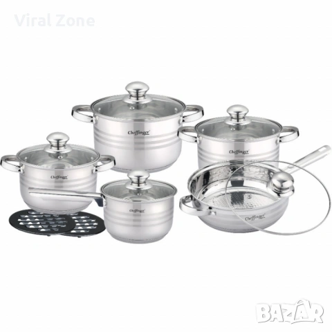 Комплект съдове за готвене 12 части Cheffinger, с индукционно дъно и стъклени капаци , снимка 7 - Съдове за готвене - 53207412