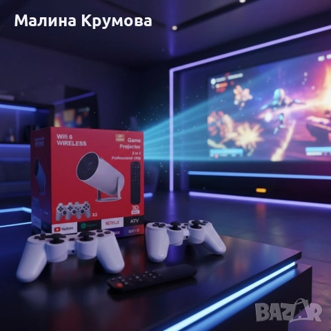 Интелигентен видео проектор 4K с два геймпада, дистанционно управление, Android TV 11 и WiFi 6, снимка 2 - Аксесоари - 53374068