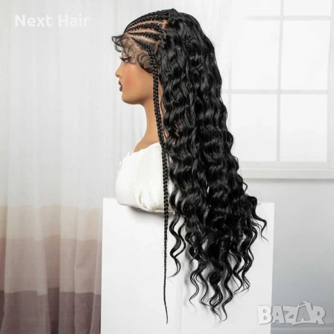 Екзотична черна синтетична перука с пълзящи плитки и къдрава дължина 70 см - Lace Front 13x6, снимка 10 - Аксесоари за коса - 52828530