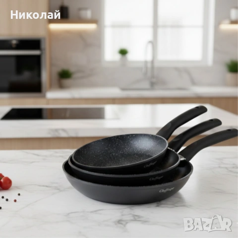 Комплект тигани Cheffinger с мраморно покритие – 3 части за всяка кухня - черен цвят, снимка 5 - Съдове за готвене - 53115429
