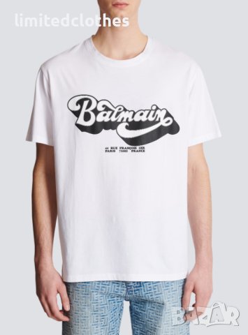 BALMAIN White '70s Retro Logo Print Мъжка Тениска size L и XL, снимка 1 - Тениски - 43188729
