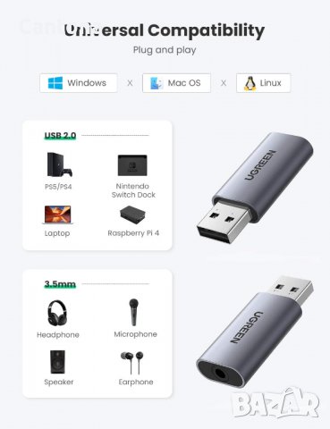 Външна звукова карта UGREEN CM383 USB към 3.5mm Audio Адаптер, снимка 2 - Други - 38459410