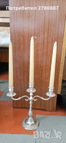 Ретро троен Сребрист метален свещник 27см