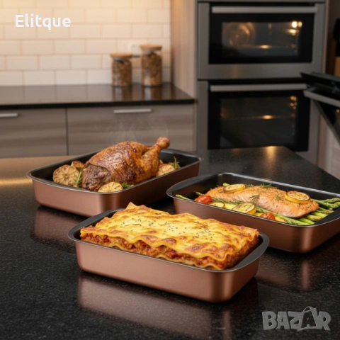 Комплект от 3 тави за печене Cheffinger с незалепващо покритие – различни размери, меден цвят, снимка 2 - Други - 53178758