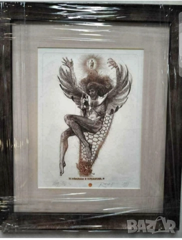 Стара картина  падащия ангел  прогонен от Бог и женското изкушение   Робърт Баръмов /1966. - 2021 г., снимка 2 - Картини - 53170086