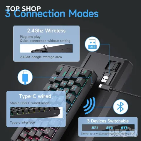 TMKB T63 механична клавиатура с Blue Switch, Bluetooth / 2.4G, снимка 4 - Клавиатури и мишки - 48969399