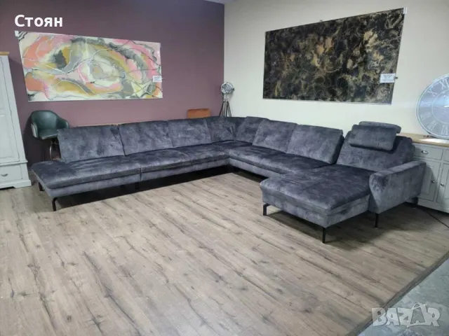 Голям сив П образен ъглов диван от плат с ел. лежанка "LS701521", снимка 2 - Дивани и мека мебел - 48307318