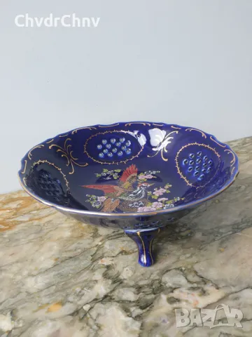 Beanopli 25см/стара италианска декоративна ажурна порцеланова чиния-картина/птица-кобалт-злато