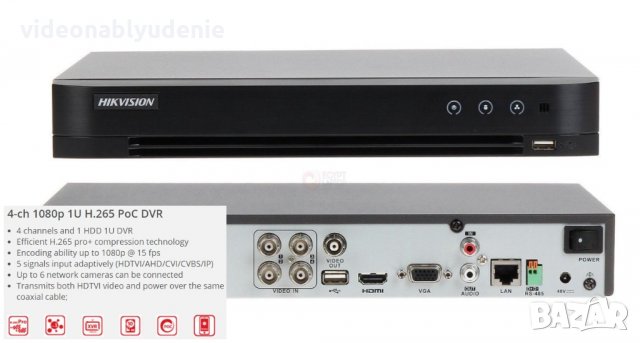 HIKVISION DS-7204HQHI-K1/P 4в1 за HDTVI/AHD/CVI или 6xIP Камери с PoC Захранване по Коаксиален Кабел
