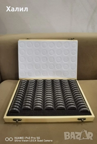 Дървена кутия за 100 и 50 монети + капсули + уплътнители за съхранение на монети