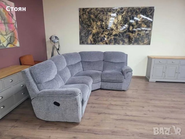 Сив ъглов диван от плат с ръчен релаксиращ механизъм, снимка 11 - Дивани и мека мебел - 43896533