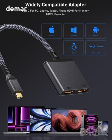 2 в 1 Адаптер USB C към двоен HDMI , снимка 4 - Кабели и адаптери - 43134018