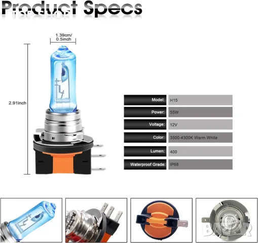 TECTICO H15 Авто Крушки 12V 15/55W Топло бяло +130% Супер ярки дълги светлини, снимка 3 - Аксесоари и консумативи - 48135636