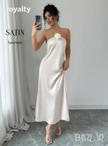 Елегантна сатенена рокля с флорален декор в кайсиев цвят 🥥, снимка 6 - Рокли - 49205532