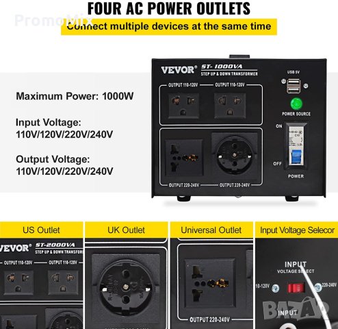 Преобразувател на напрежение VEVOR ST-1000VA 800W трансформатор на напрежение, снимка 3 - Стругове - 40471086