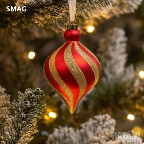 Коледна топка червена с вълнообразни линии и брокат Ø15 см_1254115, снимка 3 - Други - 52354399