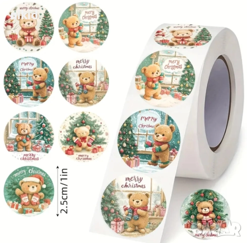 100 бр Мече Коледни Merry Christmas малки самозалепващи лепенки стикери за ръчна изработка подарък