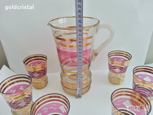 Стари стъклени чаши и кана с позлата , снимка 3 - Антикварни и старинни предмети - 44021499