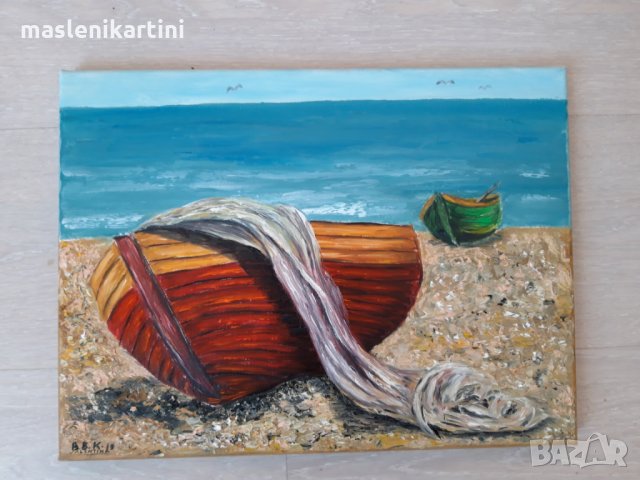 Картина с маслени бои Лодки, море, плаж, снимка 3 - Картини - 26880243
