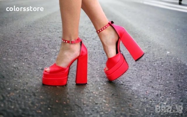 Сандали на ток - червен сатен - VS2, снимка 1 - Сандали - 40332930