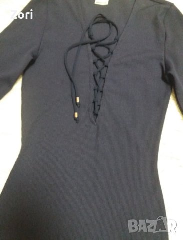 Тъмносиня рокля по тялото с дълбоко деколте с връзки от еластичен плат рипс ХС размер , снимка 2 - Рокли - 43634065